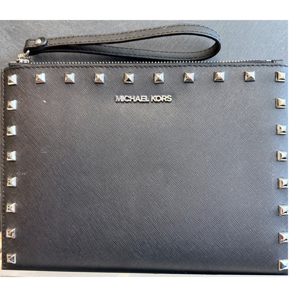 Michael Kors Black Saffiano Leather Studded Wristlet Clutch Bag‎ Silver Hardware